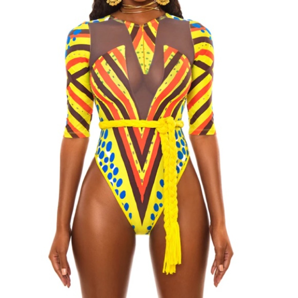 Yellow Cut Out Crop One Piece Swim